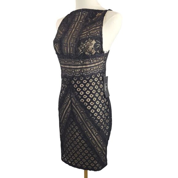 NEW Lulus Small Black Lace Dress Square Neck Beige Lining Back Zip Bodycon Party - Picture 7 of 16